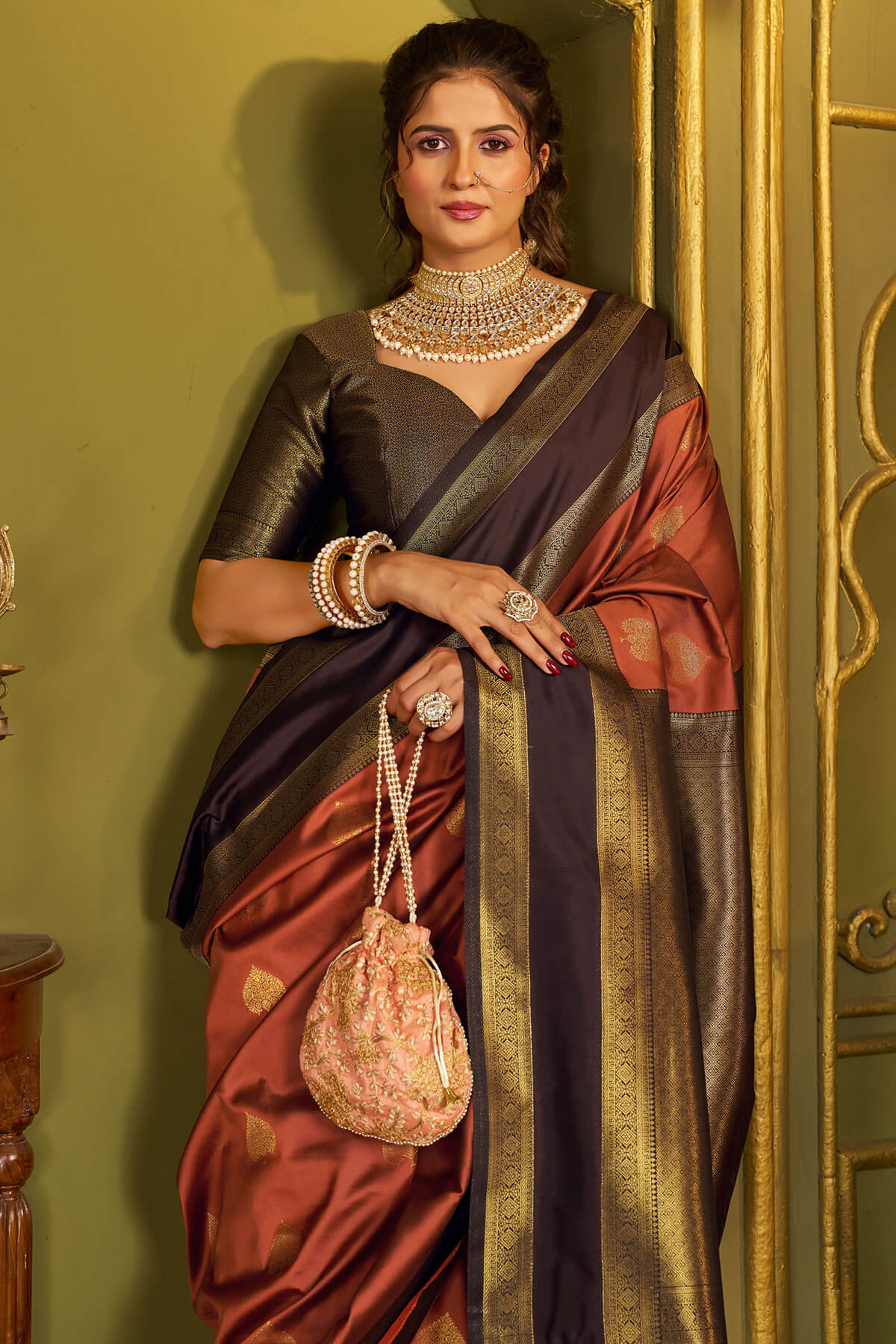 Proficient Orange Pure Banarasi Silk Saree With Whimsical Blouse Piece