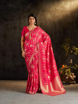 Sumptuous Dark Pink Pure Banarasi Silk Saree With Staggering Blouse Piece