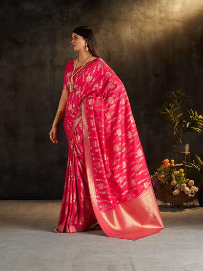 Sumptuous Dark Pink Pure Banarasi Silk Saree With Staggering Blouse Piece