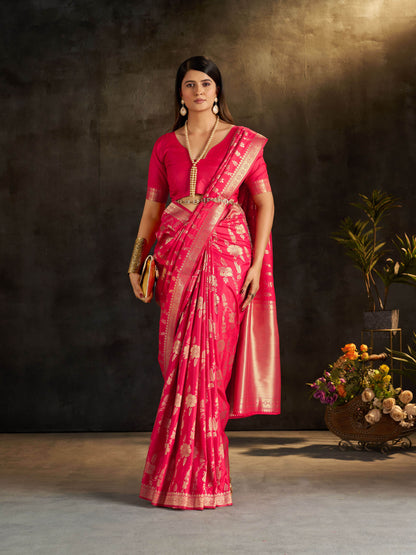 Sumptuous Dark Pink Pure Banarasi Silk Saree With Staggering Blouse Piece