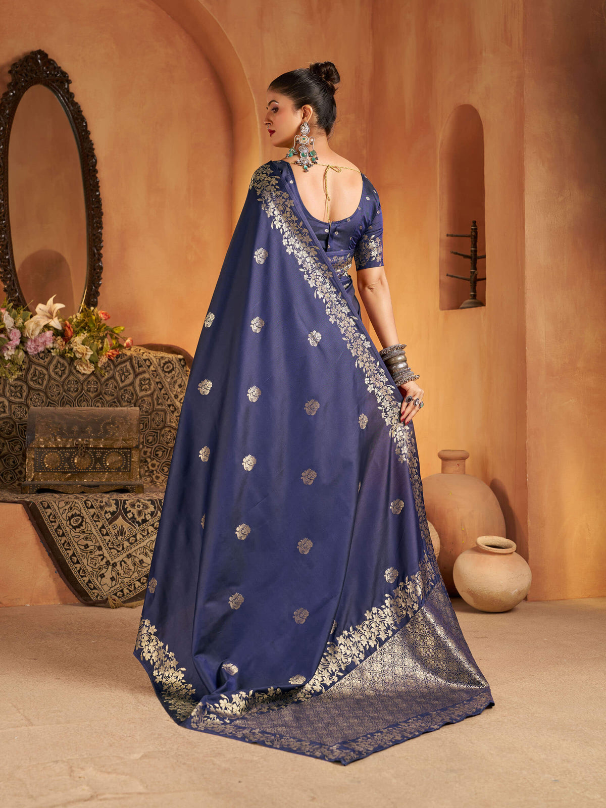 Artistic Navy Blue Pure Banarasi Silk Saree With Nebula Blouse Piece