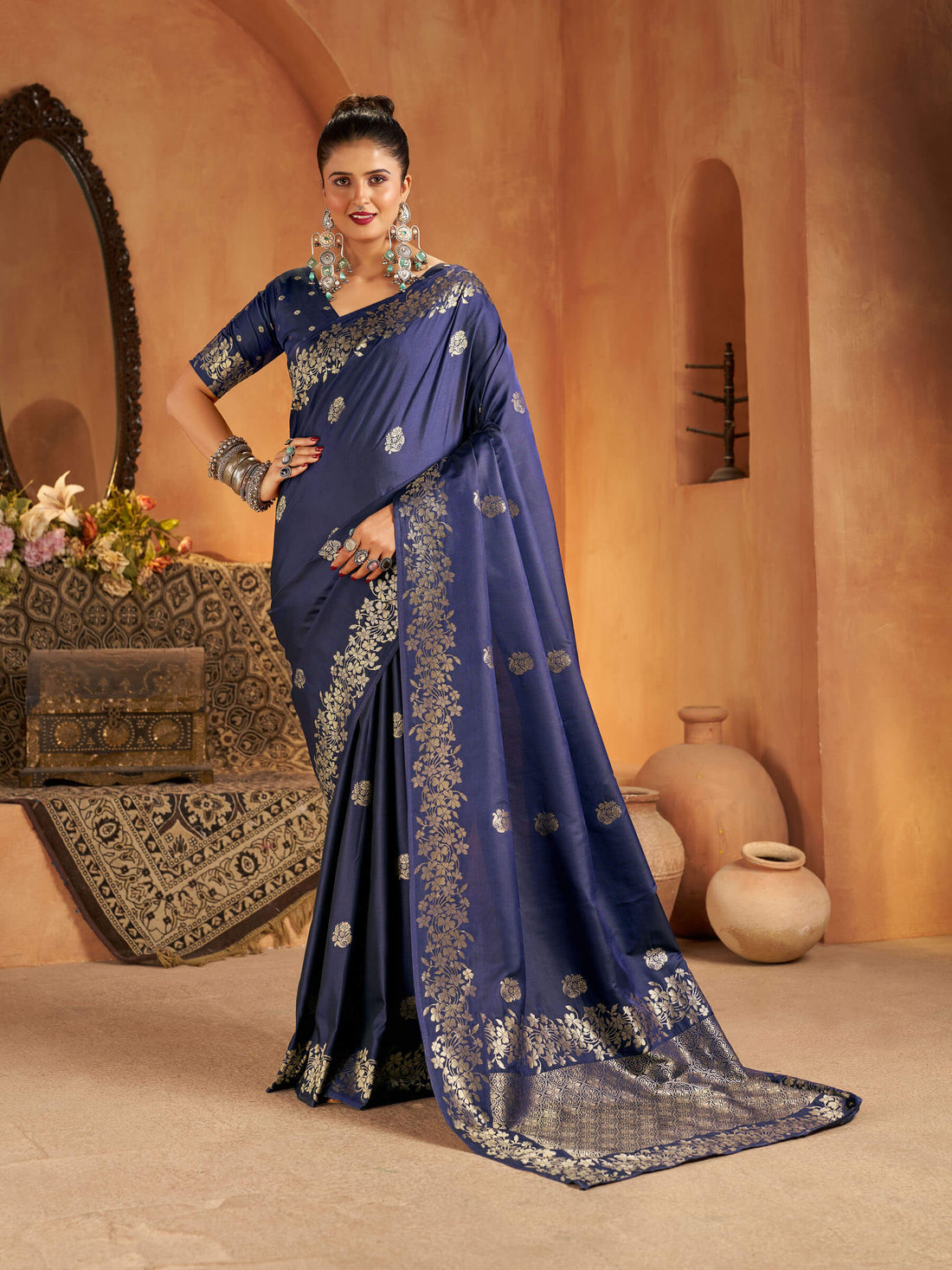 Artistic Navy Blue Pure Banarasi Silk Saree With Nebula Blouse Piece