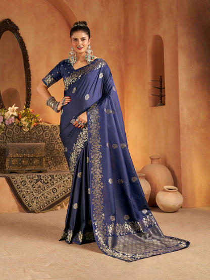 Artistic Navy Blue Pure Banarasi Silk Saree With Nebula Blouse Piece