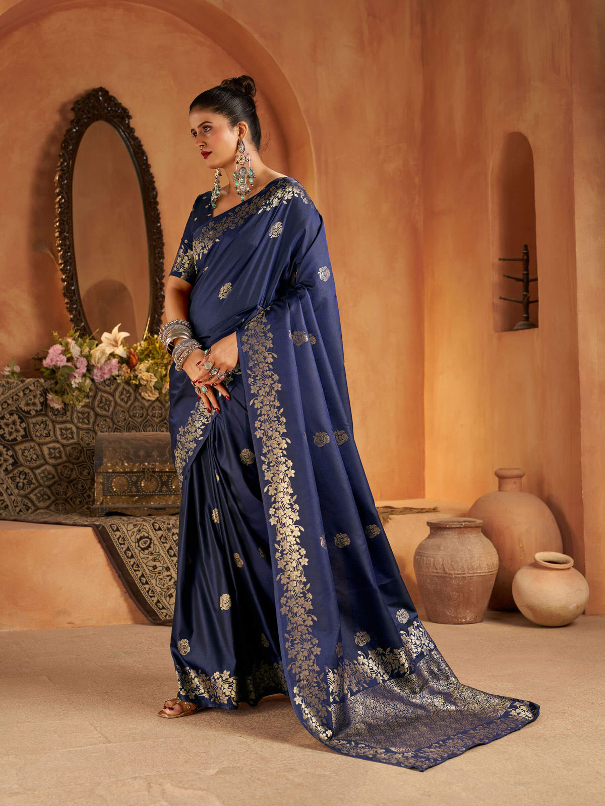 Artistic Navy Blue Pure Banarasi Silk Saree With Nebula Blouse Piece