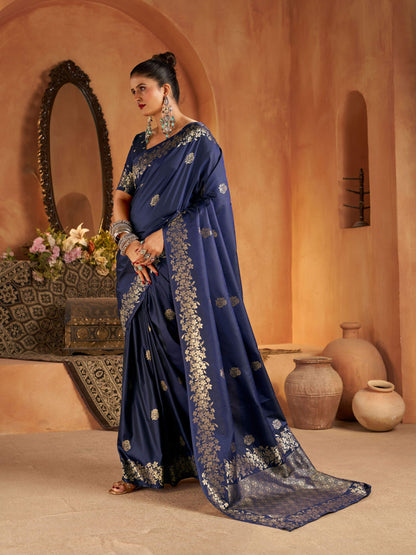 Artistic Navy Blue Pure Banarasi Silk Saree With Nebula Blouse Piece