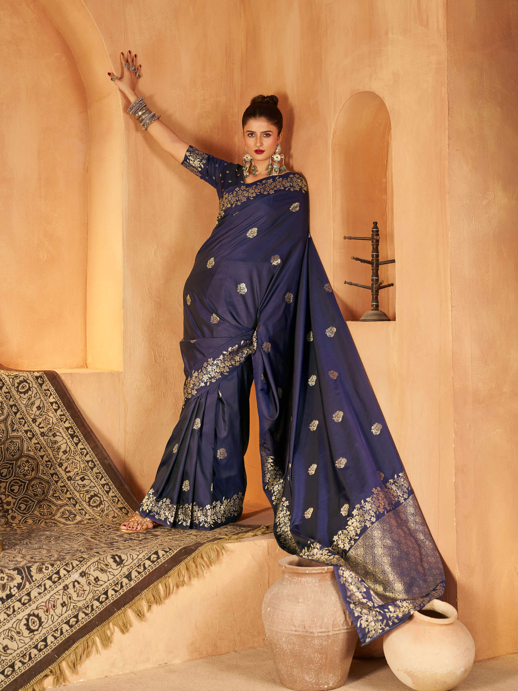 Artistic Navy Blue Pure Banarasi Silk Saree With Nebula Blouse Piece