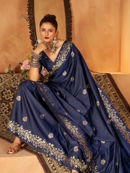 Artistic Navy Blue Pure Banarasi Silk Saree With Nebula Blouse Piece