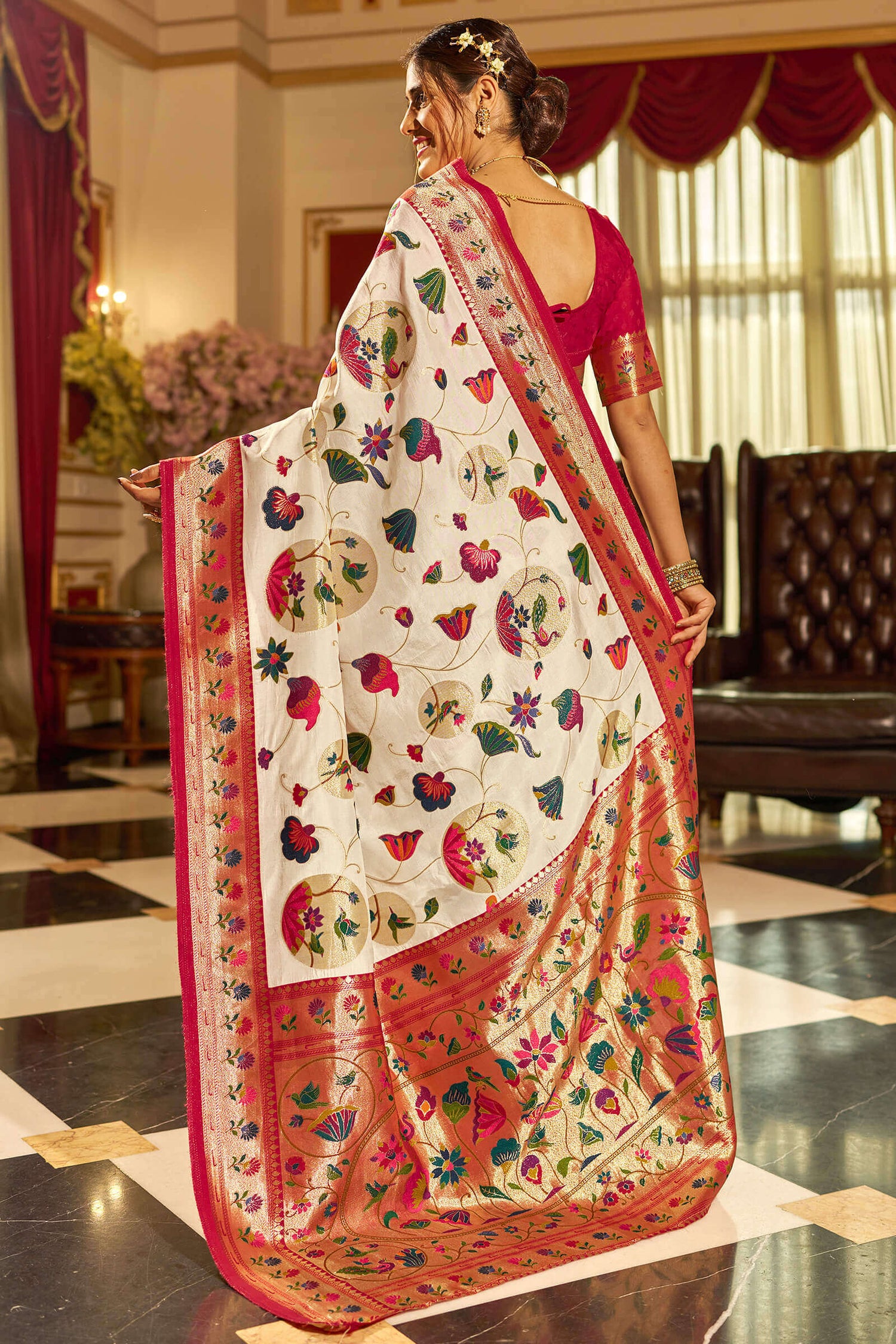 Pleasurable Off White Paithani Silk Saree With Flamboyant Blouse Piece