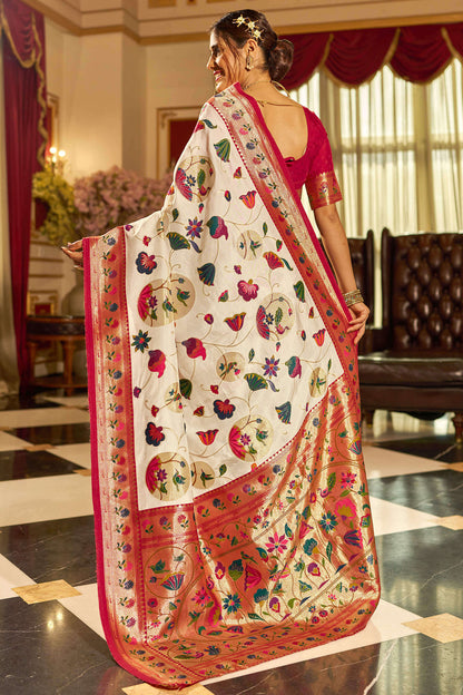 Pleasurable Off White Paithani Silk Saree With Flamboyant Blouse Piece