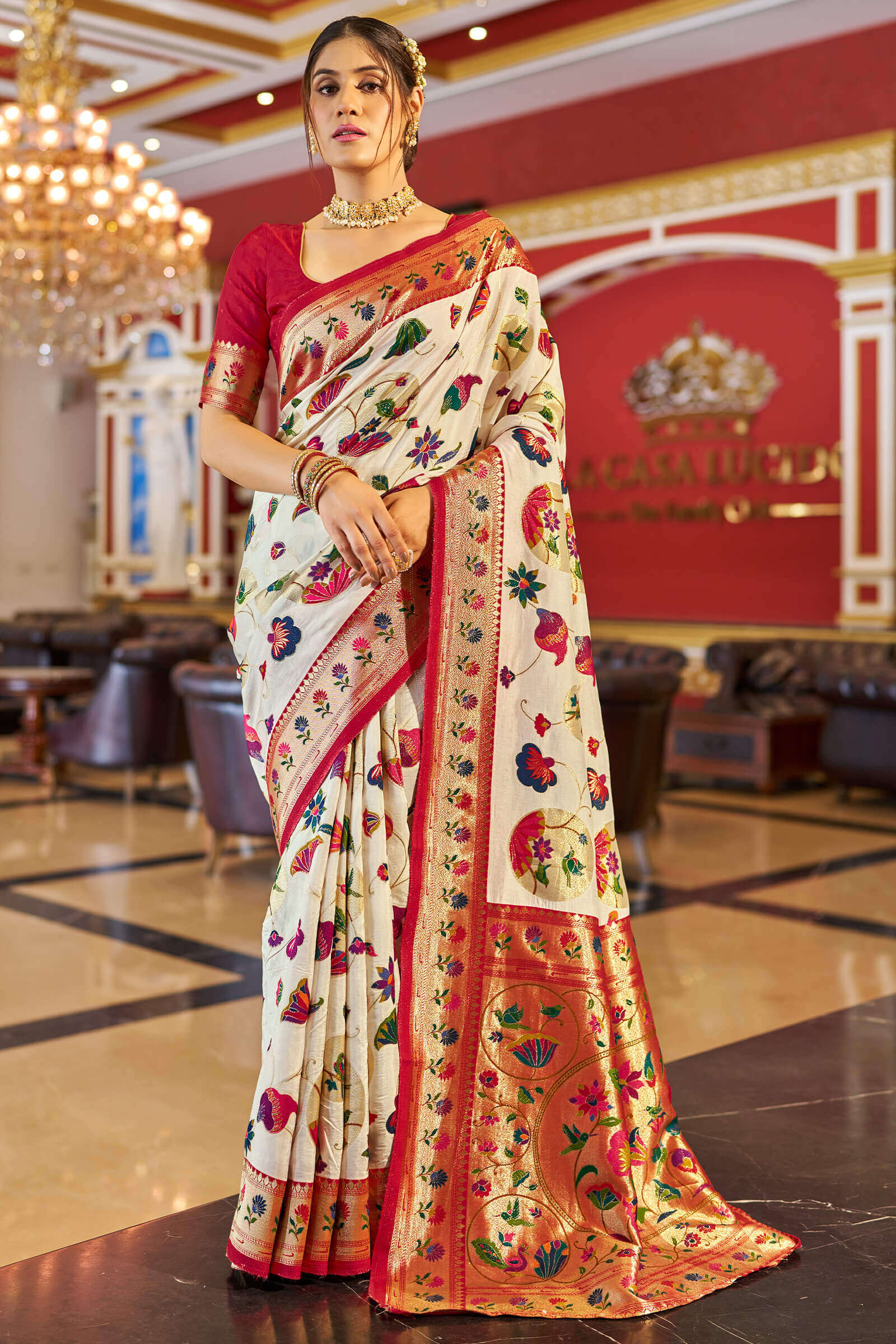 Pleasurable Off White Paithani Silk Saree With Flamboyant Blouse Piece