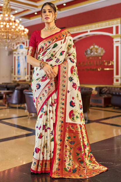 Pleasurable Off White Paithani Silk Saree With Flamboyant Blouse Piece