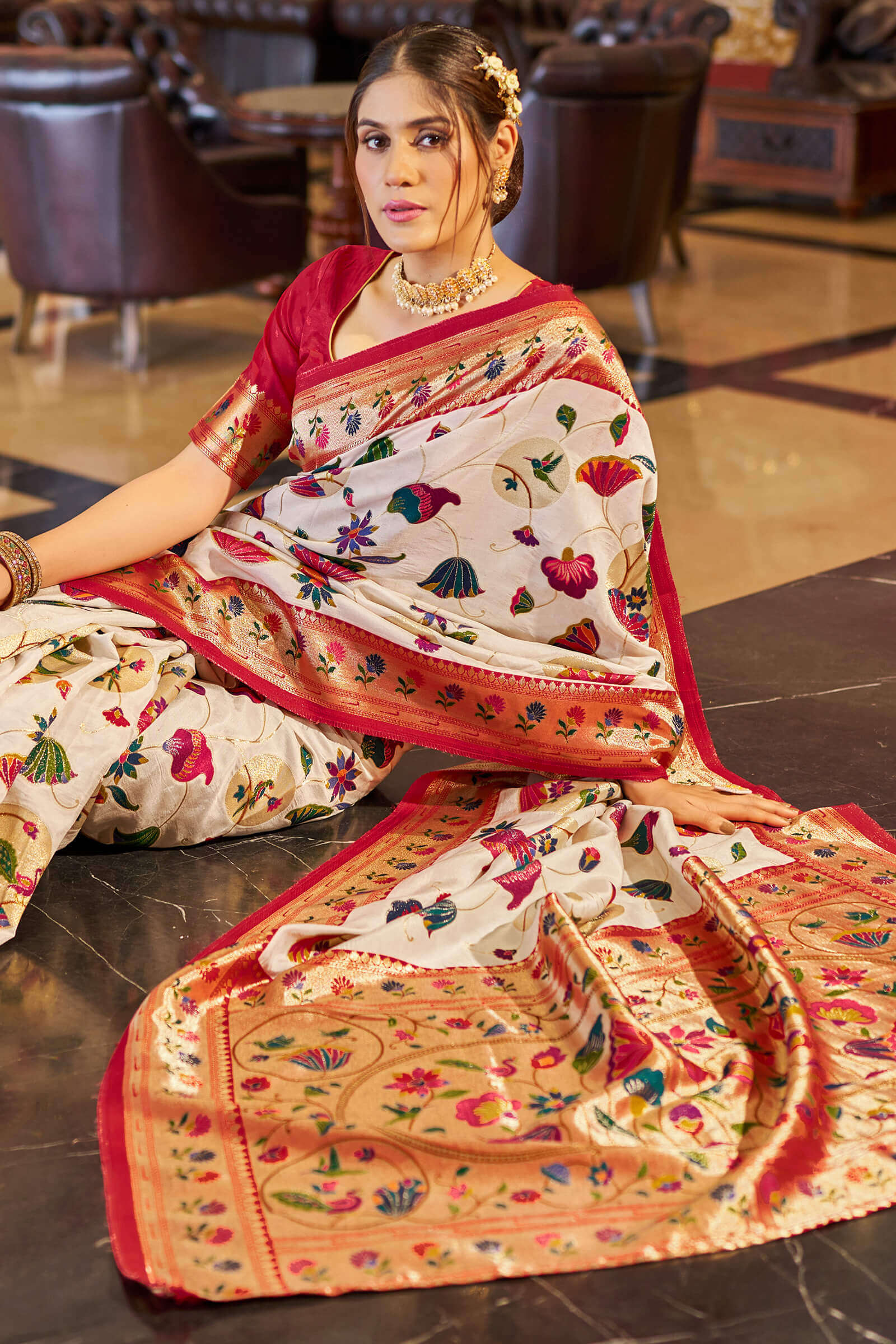 Pleasurable Off White Paithani Silk Saree With Flamboyant Blouse Piece