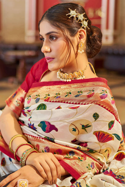 Pleasurable Off White Paithani Silk Saree With Flamboyant Blouse Piece