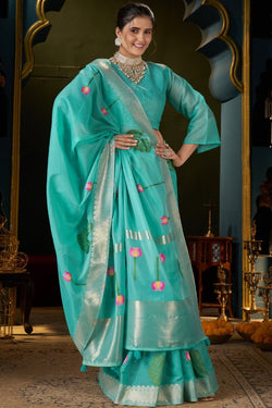 Verdant Turquoise Cotton Silk Saree With Alluring Blouse Piece