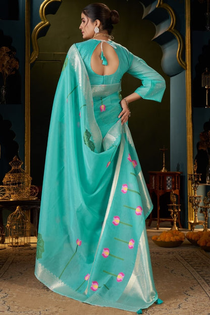 Verdant Turquoise Cotton Silk Saree With Alluring Blouse Piece