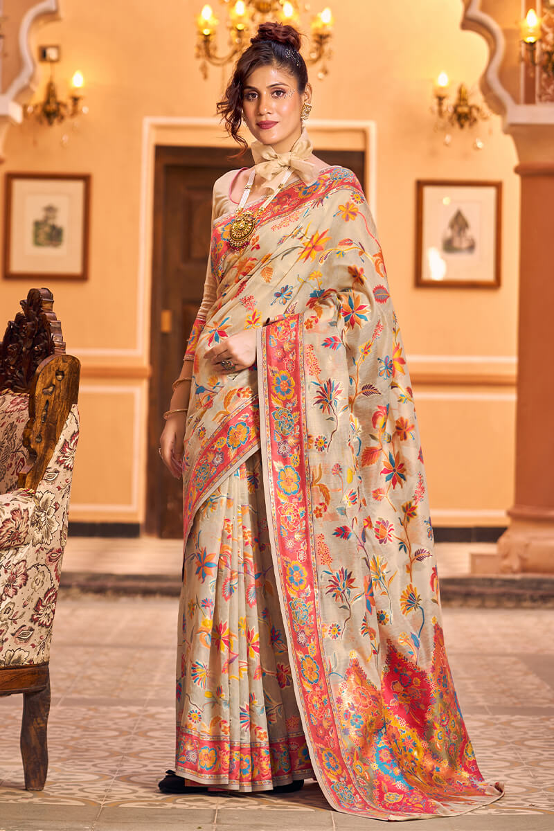 Elegant Beige Linen Silk Saree With Surpassing Blouse Piece