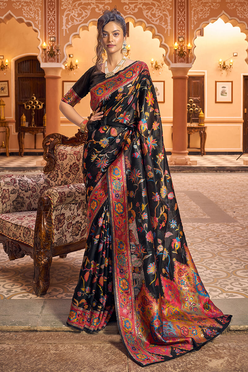 Precious Black Linen Silk Saree With Blooming Blouse Piece