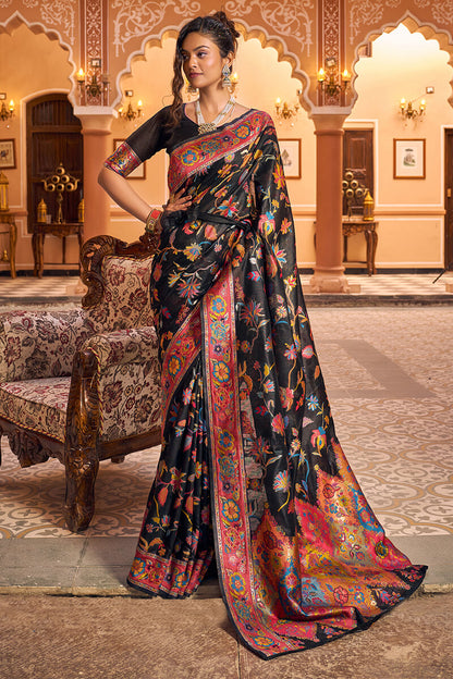 Precious Black Linen Silk Saree With Blooming Blouse Piece