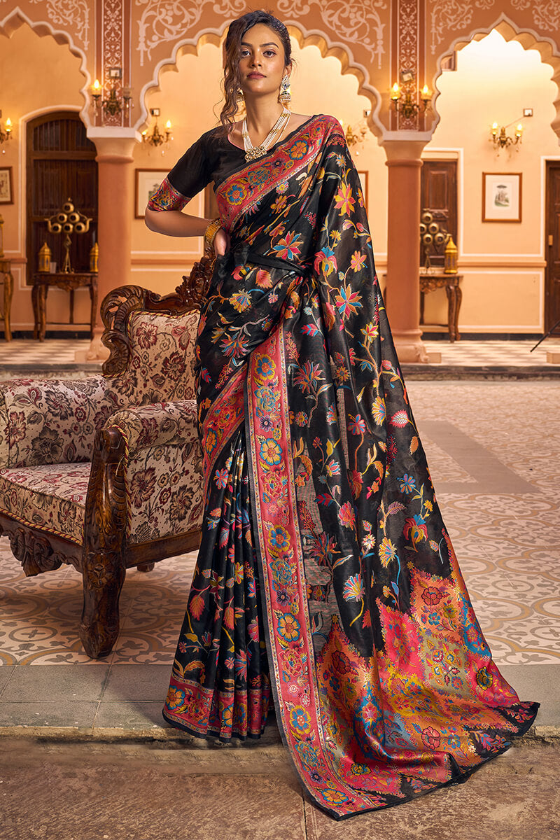 Precious Black Linen Silk Saree With Blooming Blouse Piece