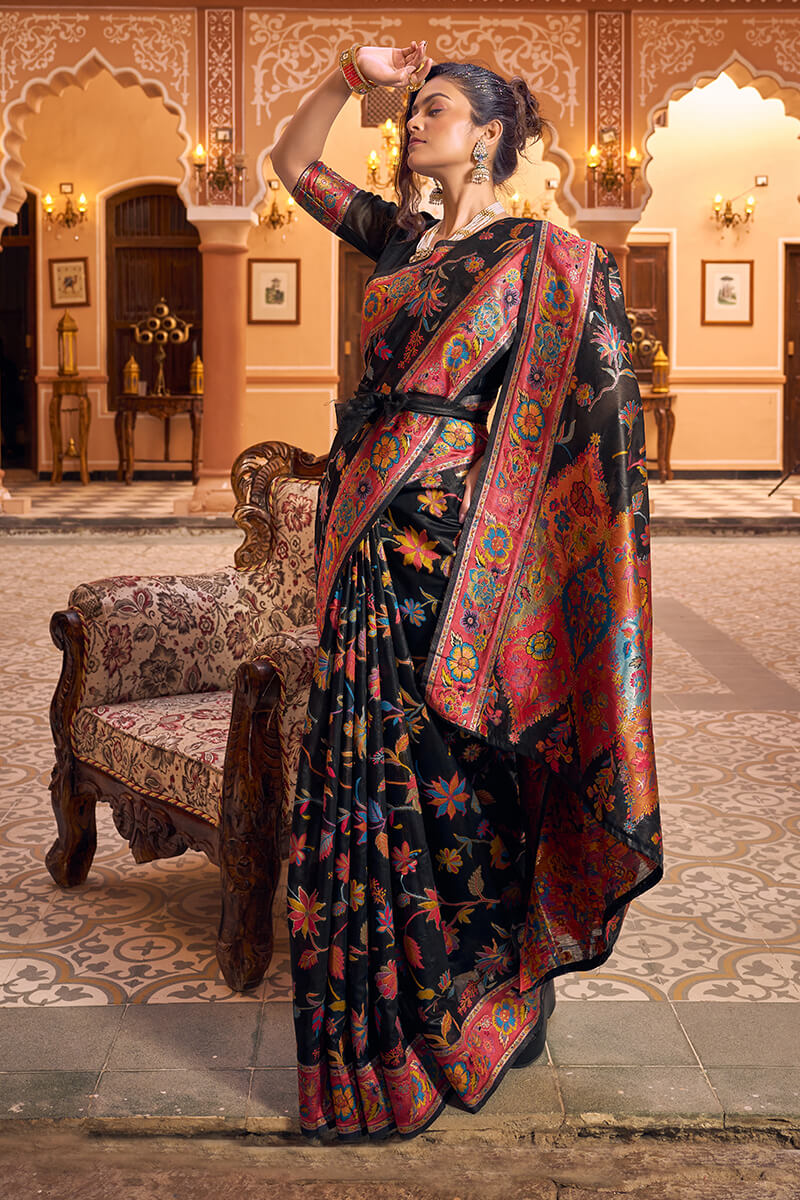 Precious Black Linen Silk Saree With Blooming Blouse Piece