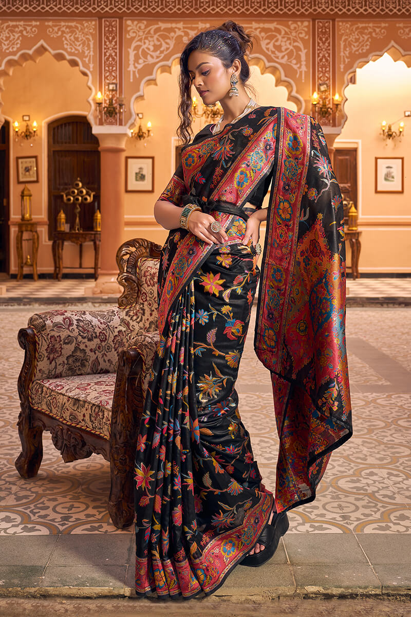 Precious Black Linen Silk Saree With Blooming Blouse Piece