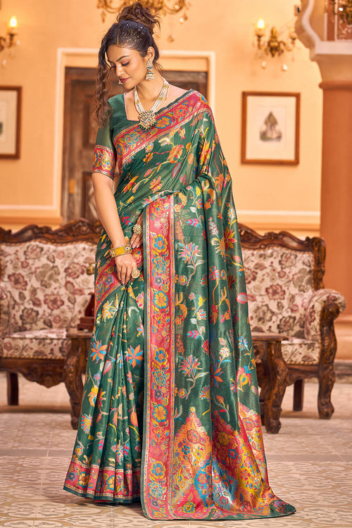 Load image into Gallery viewer, Extraordinary Dark Green Linen Silk Saree With Ethnic Blouse Piece
