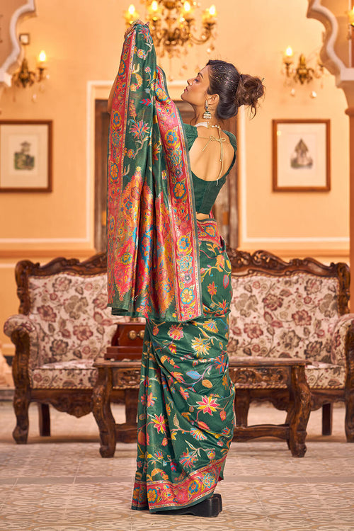 Load image into Gallery viewer, Extraordinary Dark Green Linen Silk Saree With Ethnic Blouse Piece
