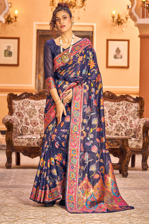 Load image into Gallery viewer, Lovely Navy Blue Linen Silk Saree With Engrossing Blouse Piece
