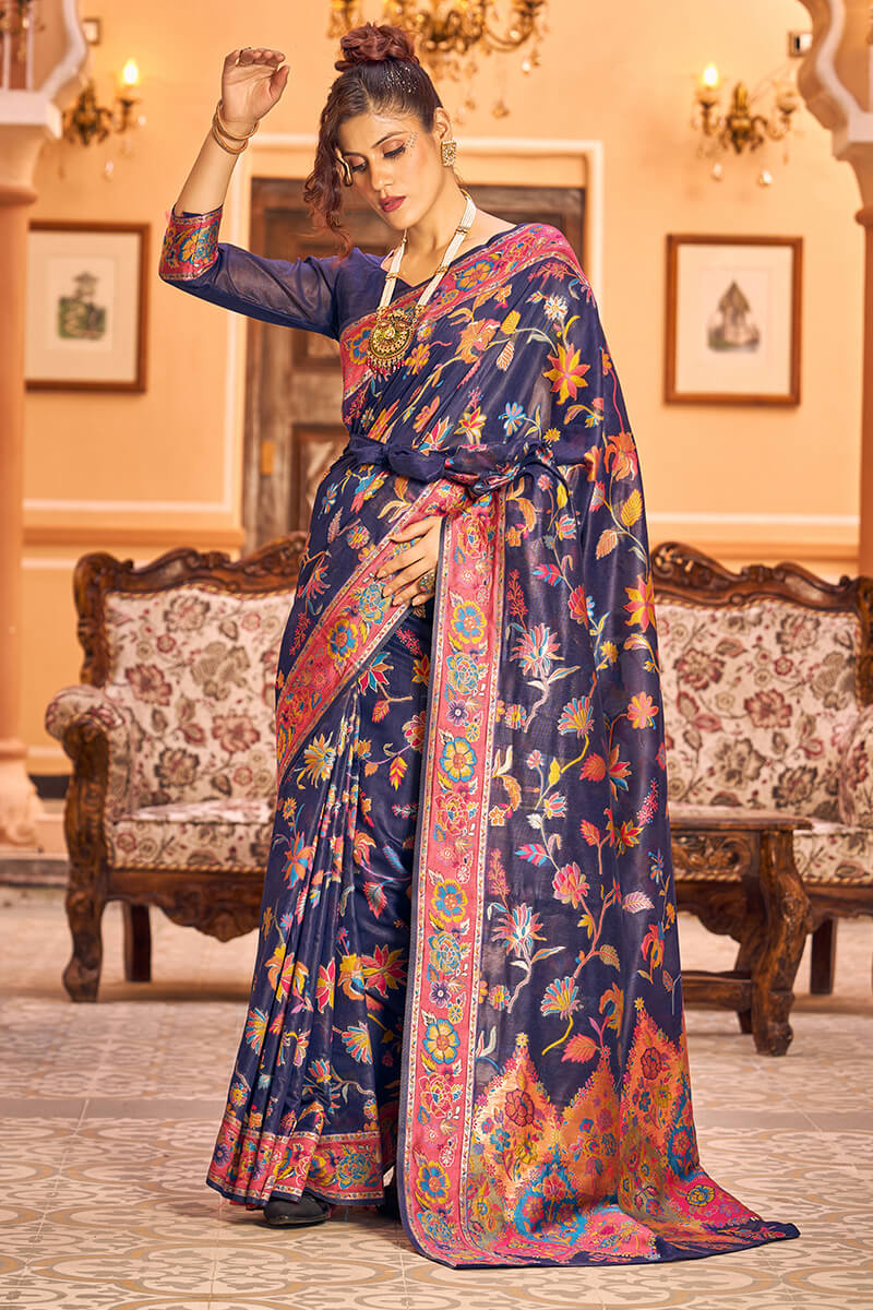 Lovely Navy Blue Linen Silk Saree With Engrossing Blouse Piece