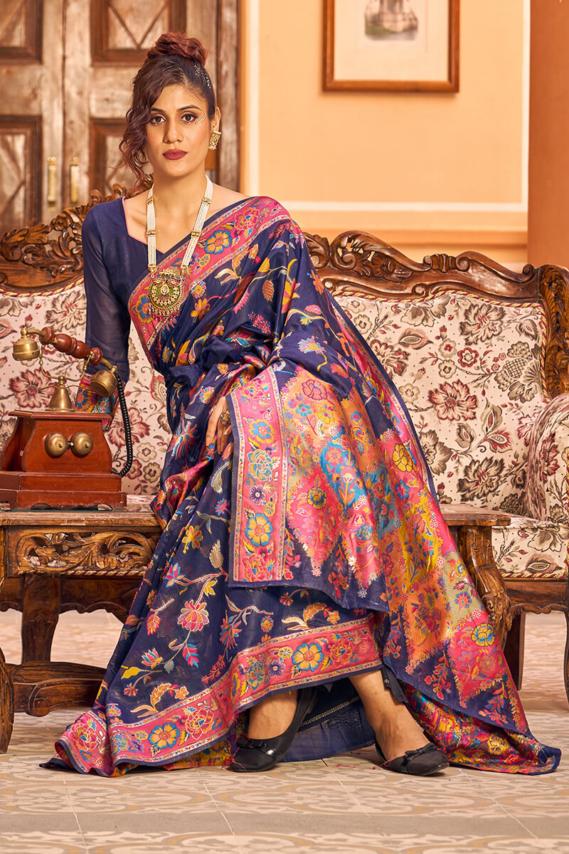 Lovely Navy Blue Linen Silk Saree With Engrossing Blouse Piece