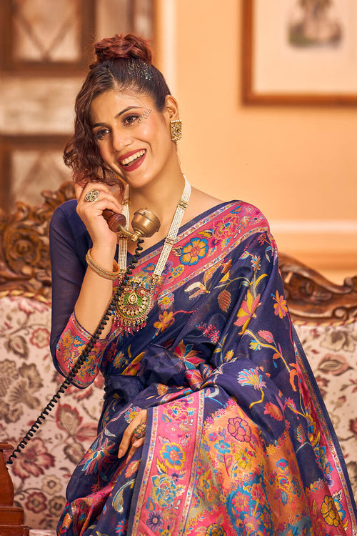 Load image into Gallery viewer, Lovely Navy Blue Linen Silk Saree With Engrossing Blouse Piece
