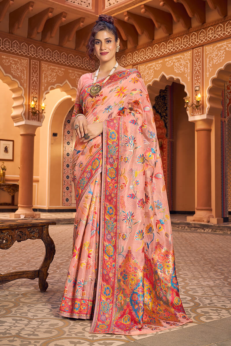 Refreshing Peach Linen Silk Saree With Groovy Blouse Piece