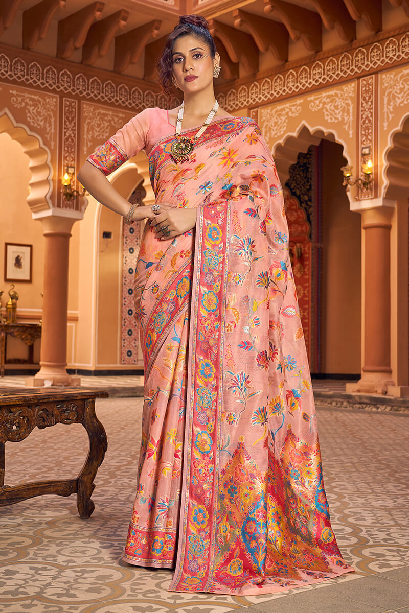 Refreshing Peach Linen Silk Saree With Groovy Blouse Piece