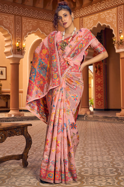 Refreshing Peach Linen Silk Saree With Groovy Blouse Piece