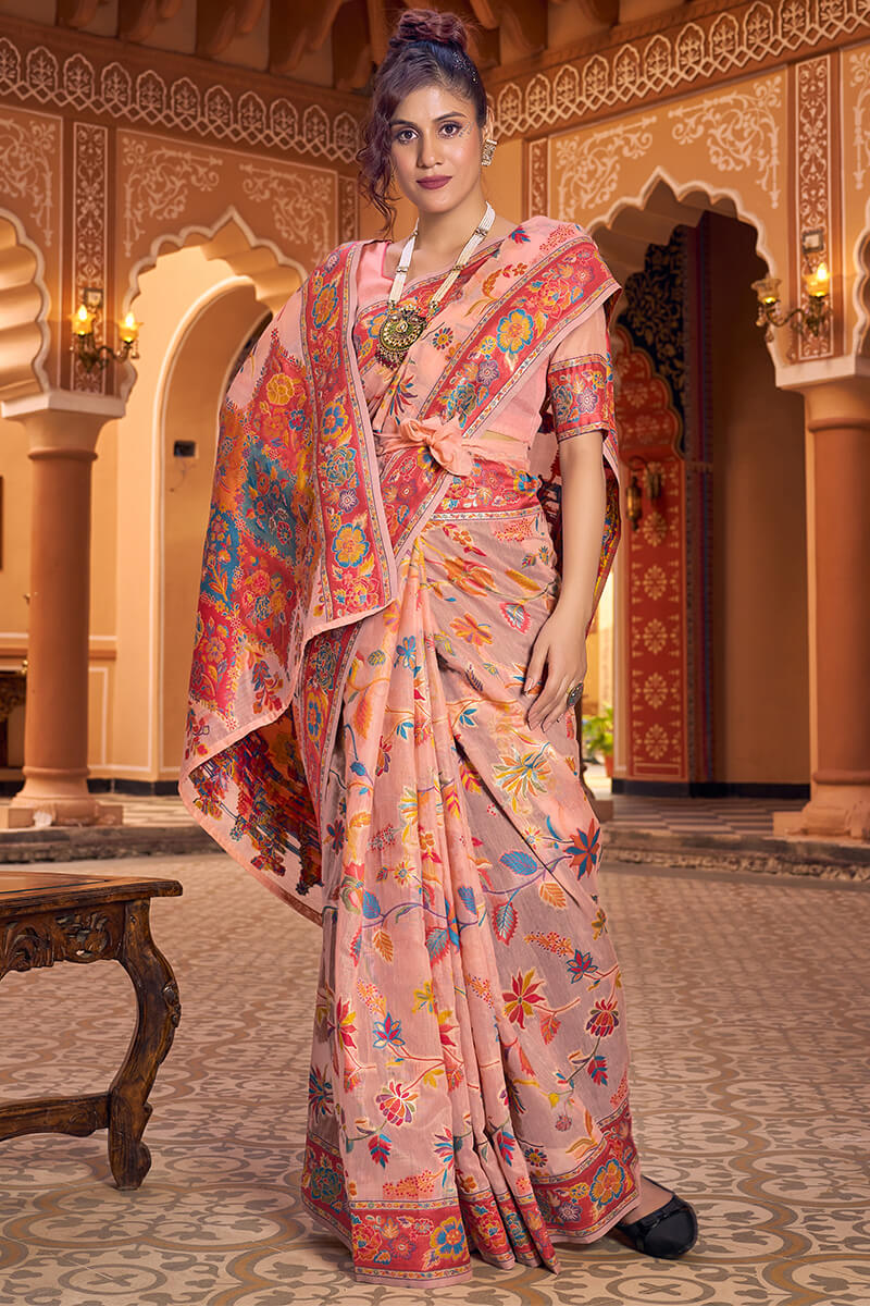 Refreshing Peach Linen Silk Saree With Groovy Blouse Piece