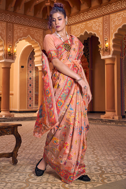 Refreshing Peach Linen Silk Saree With Groovy Blouse Piece