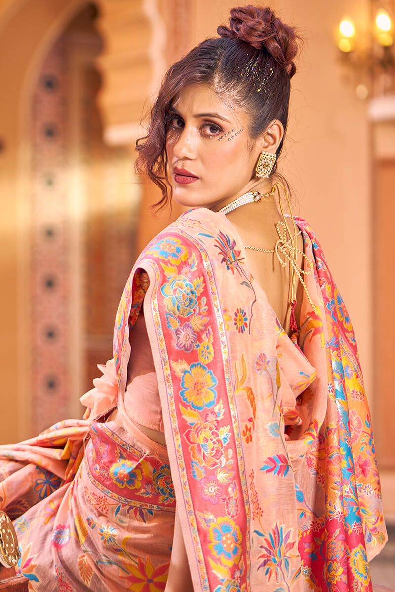 Refreshing Peach Linen Silk Saree With Groovy Blouse Piece