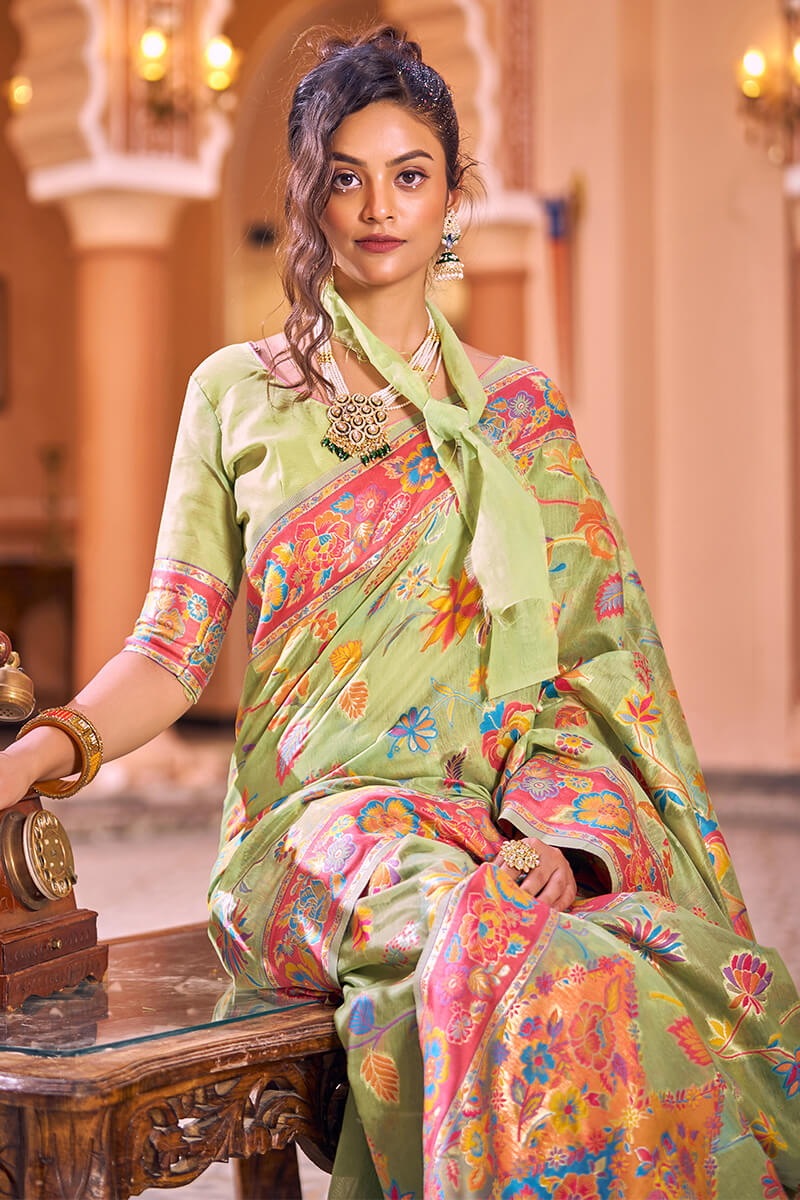 Dazzling Pista Linen Silk Saree With Flamboyant Blouse Piece