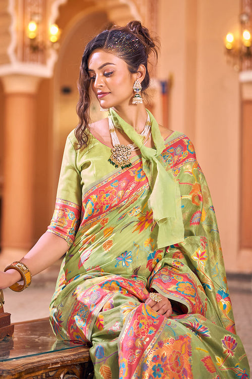 Load image into Gallery viewer, Dazzling Pista Linen Silk Saree With Flamboyant Blouse Piece
