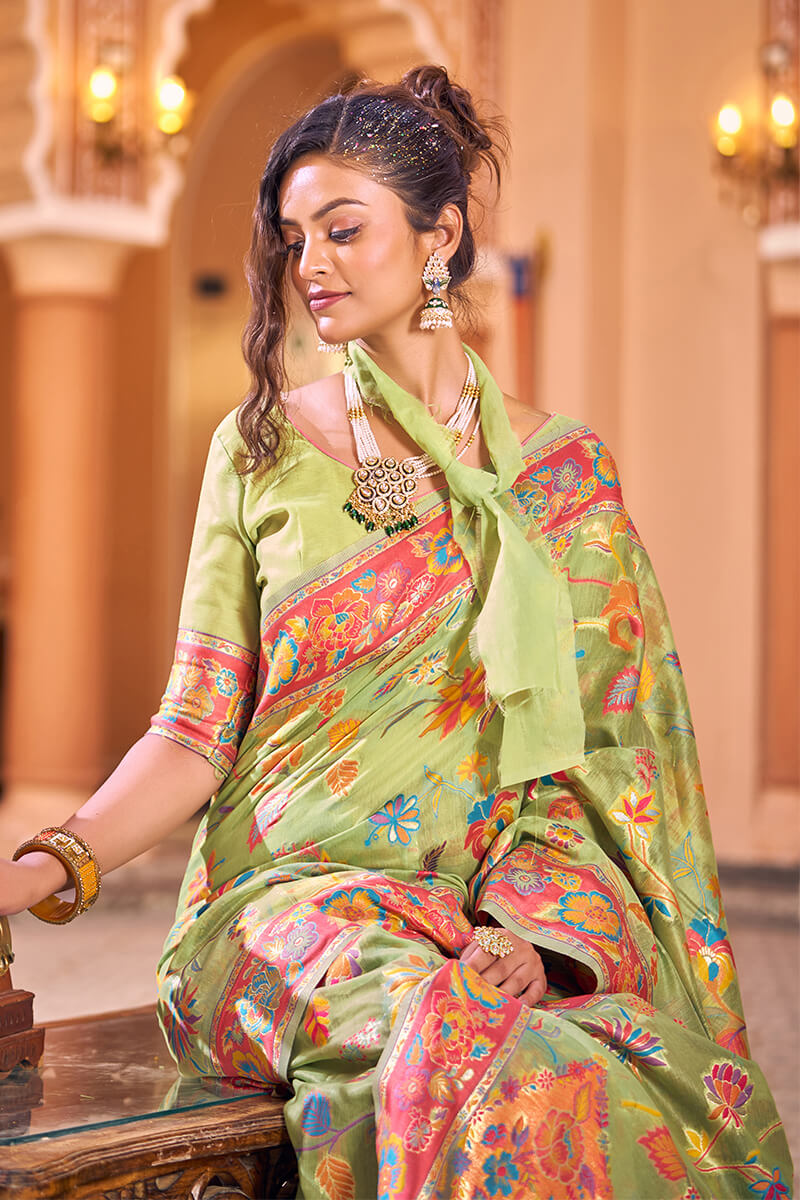 Dazzling Pista Linen Silk Saree With Flamboyant Blouse Piece