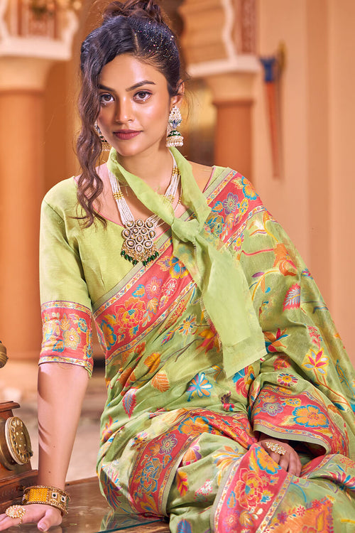 Load image into Gallery viewer, Dazzling Pista Linen Silk Saree With Flamboyant Blouse Piece
