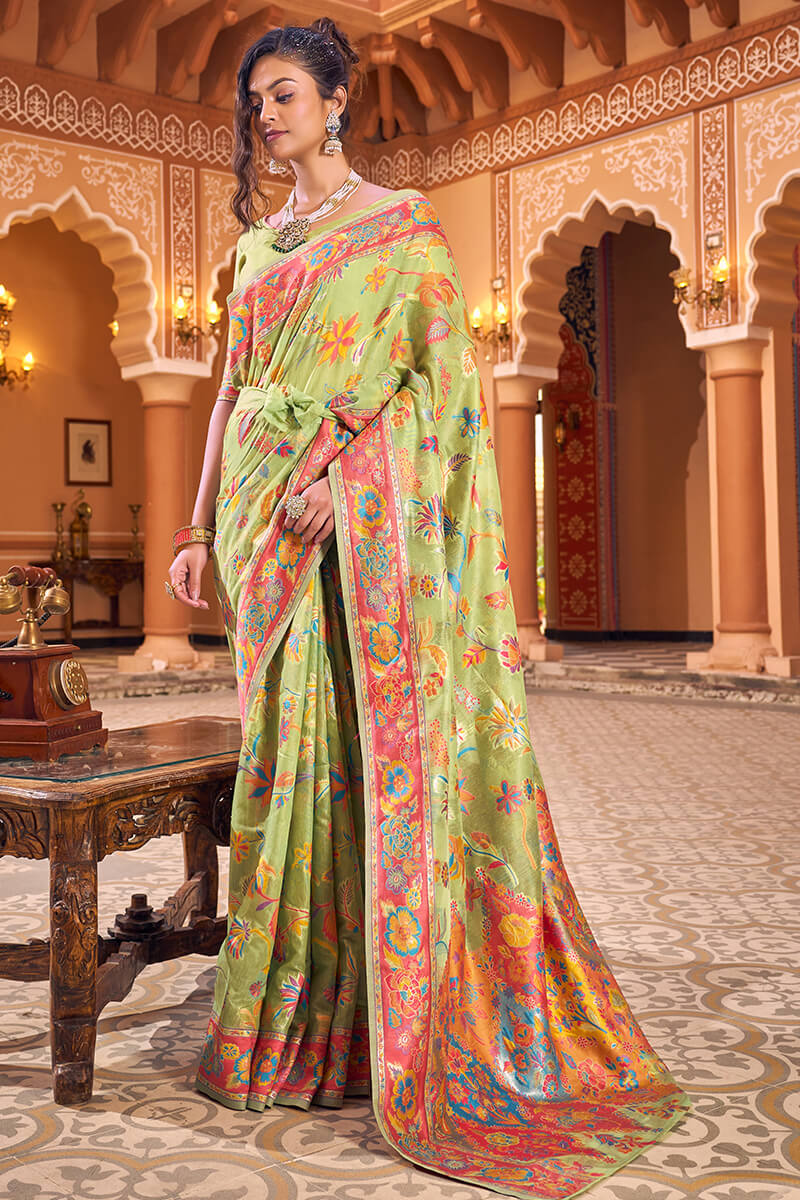 Dazzling Pista Linen Silk Saree With Flamboyant Blouse Piece