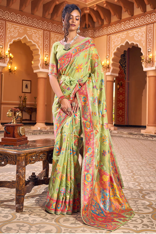 Load image into Gallery viewer, Dazzling Pista Linen Silk Saree With Flamboyant Blouse Piece
