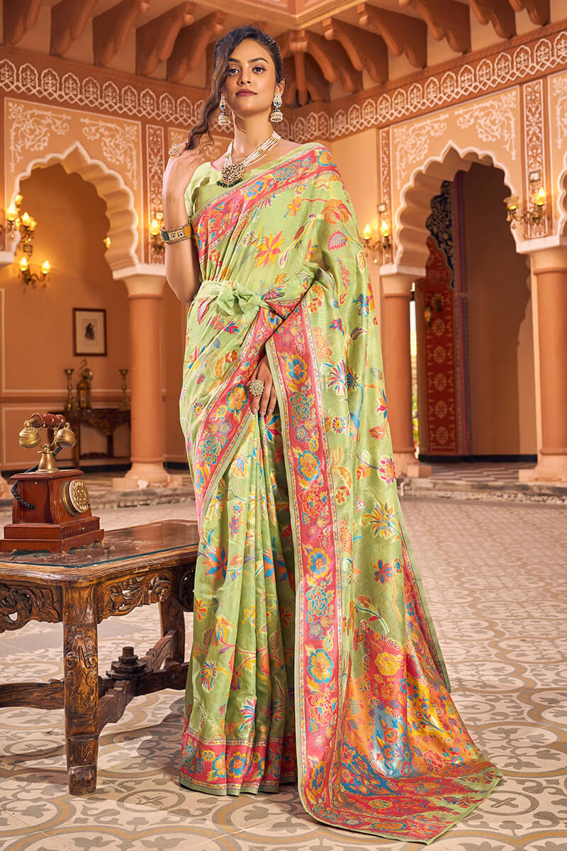 Dazzling Pista Linen Silk Saree With Flamboyant Blouse Piece