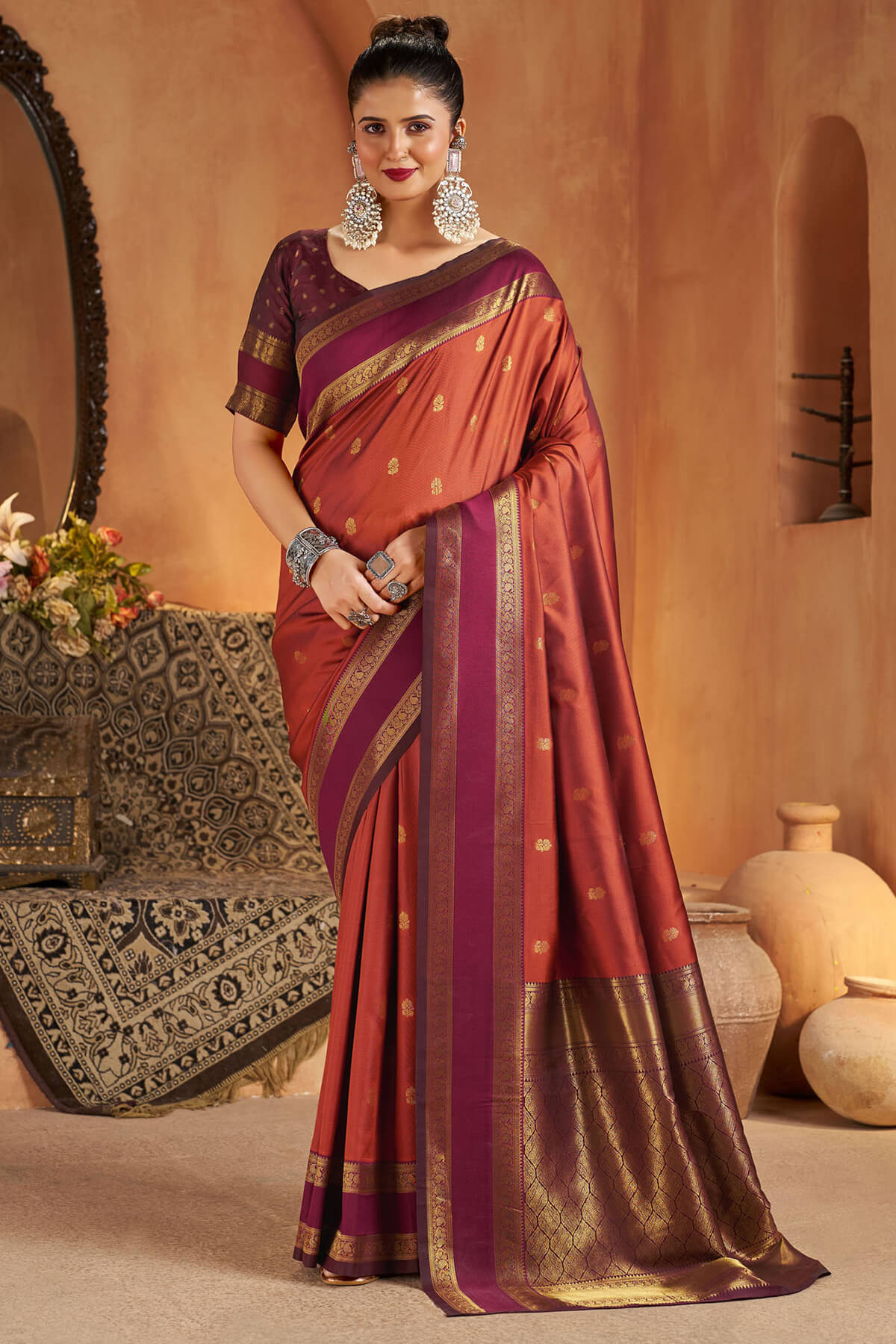 Jazzy Orange Pure Zari Weaving Banarasi Silk Saree With Stunning Blouse Piece