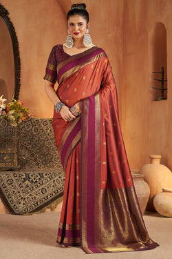 Jazzy Orange Pure Zari Weaving Banarasi Silk Saree With Stunning Blouse Piece