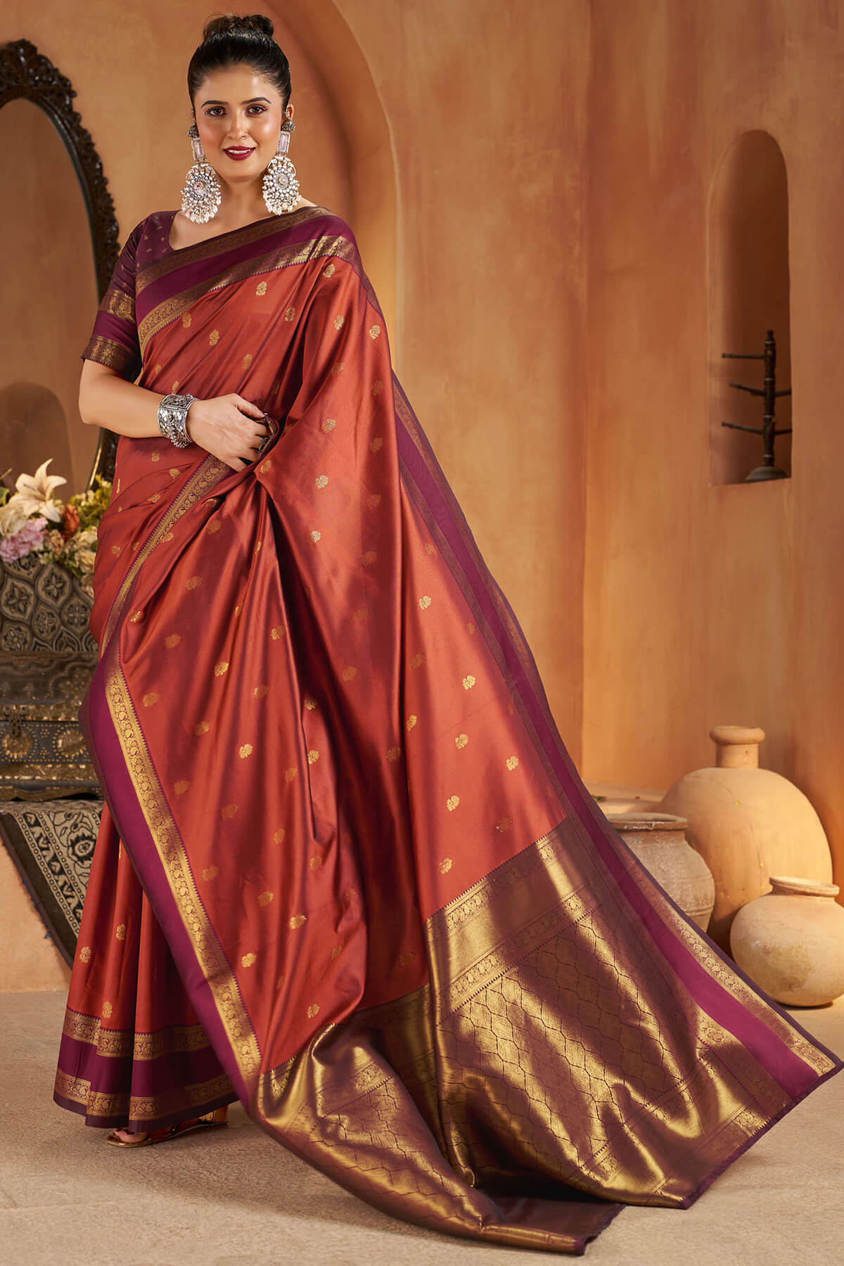 Jazzy Orange Pure Zari Weaving Banarasi Silk Saree With Stunning Blouse Piece