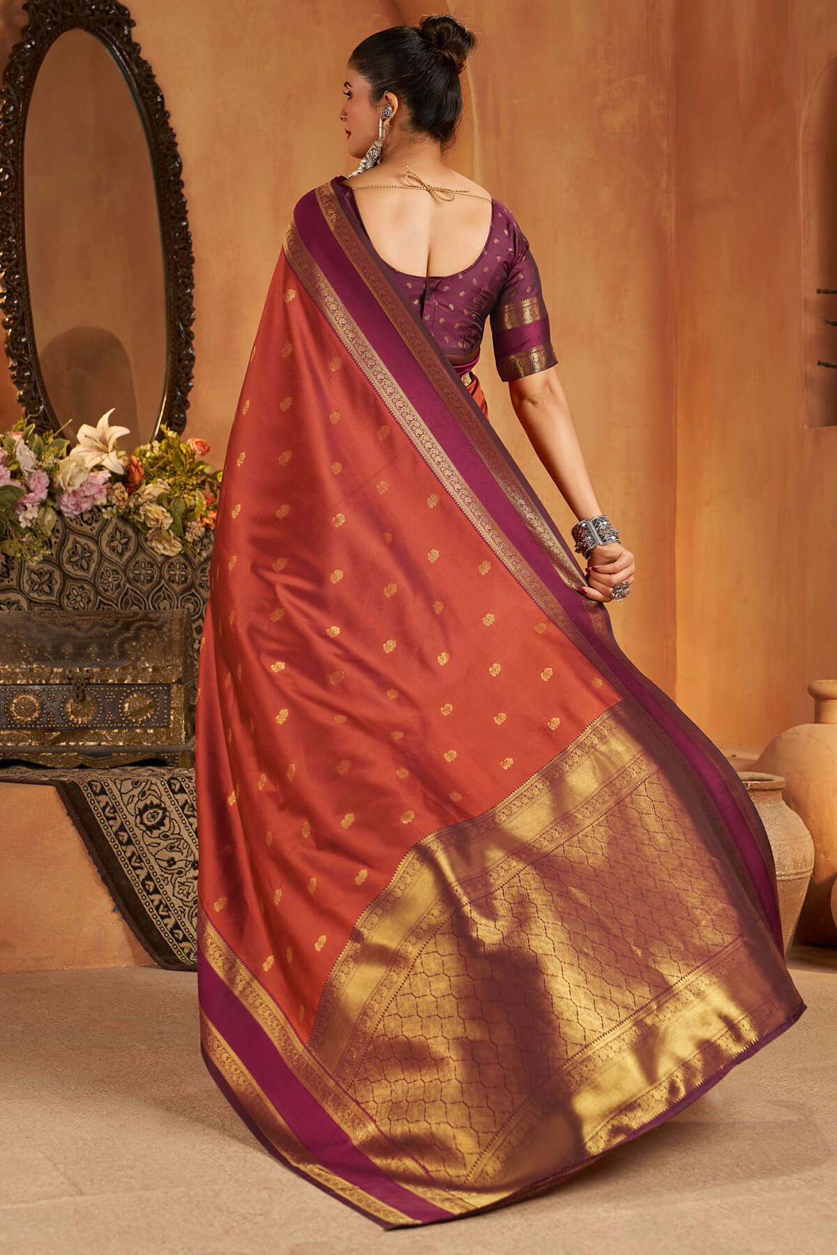 Jazzy Orange Pure Zari Weaving Banarasi Silk Saree With Stunning Blouse Piece