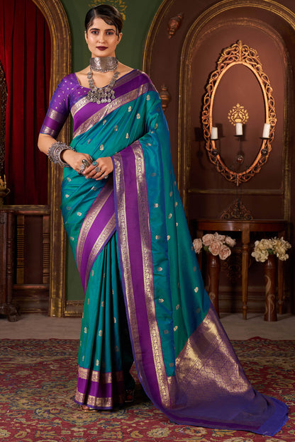 Grandiose Rama Pure Zari Weaving Banarasi Silk Saree With Stunner Blouse Piece