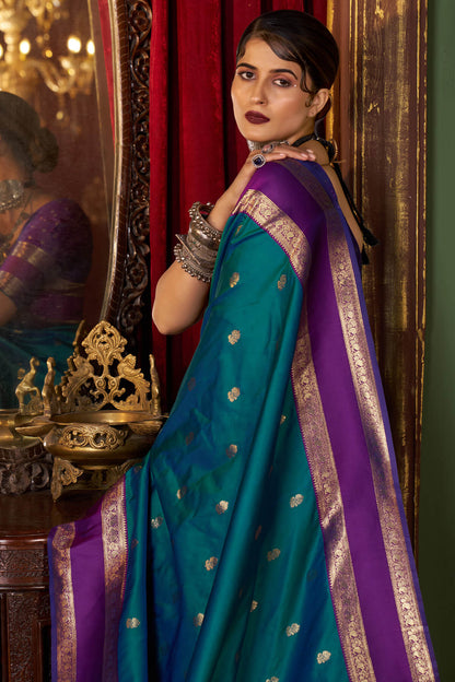 Grandiose Rama Pure Zari Weaving Banarasi Silk Saree With Stunner Blouse Piece